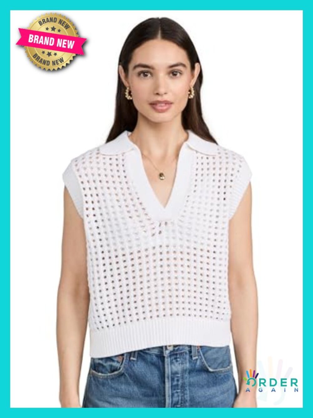 Cotton Cashmere Mesh Cropped Sweater Vest Sleeveless Collared V Neck